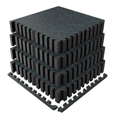 0.56" Thick Interlocking Gym Floor Tiles, 24 Pack Covers 96 Sq Ft Dual-Layer EVA Foam & EPDM Rubber Puzzle Exercise Mats, Non-Slip Shock Absorbing Heavy Duty Home Gym Flooring, Black & Blue