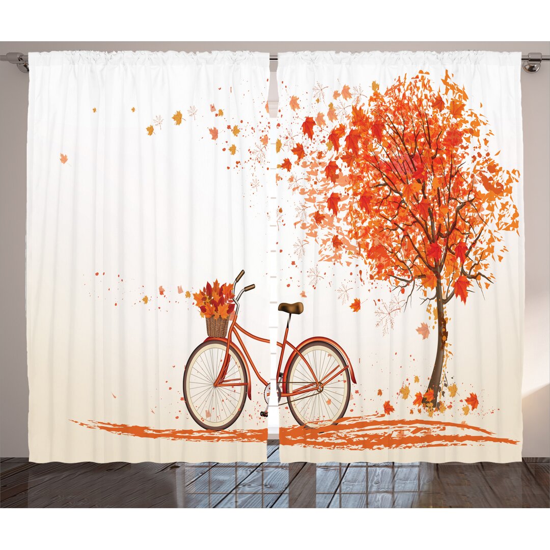 Rustikaler Vorhang, Orange Herbst-Baum, Fahrrad, Orange