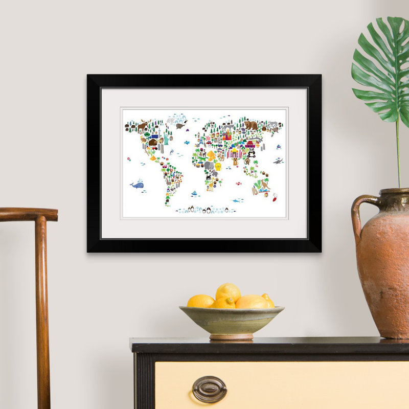 « animal map of the world », impression, Cadre noir, H 20 po x l 26 po x P 1 po