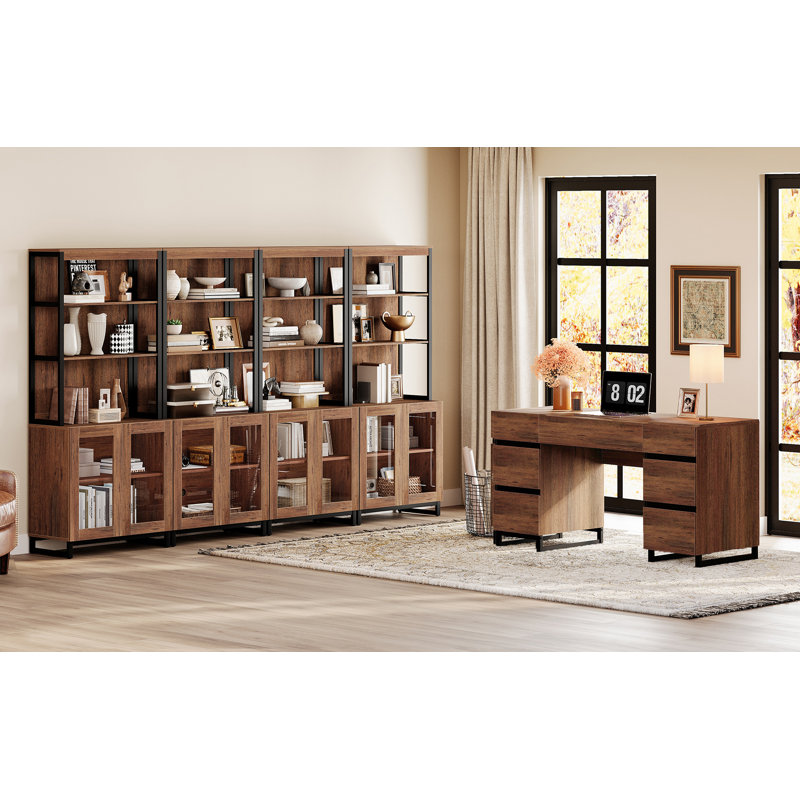  Office Set: 59" Modern Desk With Charging Station And Storage Cabinet, Four 72" Tall Bookcases With Shelves, Wood Computer Desk And Library Storage Cabinet For Work Study