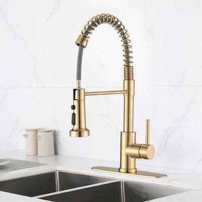 Pull Down Spray Kitchen Sink Tap In Brushed Gold - Rust And Corrosion Proof, 9.05" Reach, 1.8Gpm ,