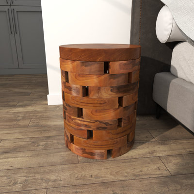 Dovray Teak Wood Handmade Live Edge Accent Table with Brick Inspired Design 14" x 14" x 18"