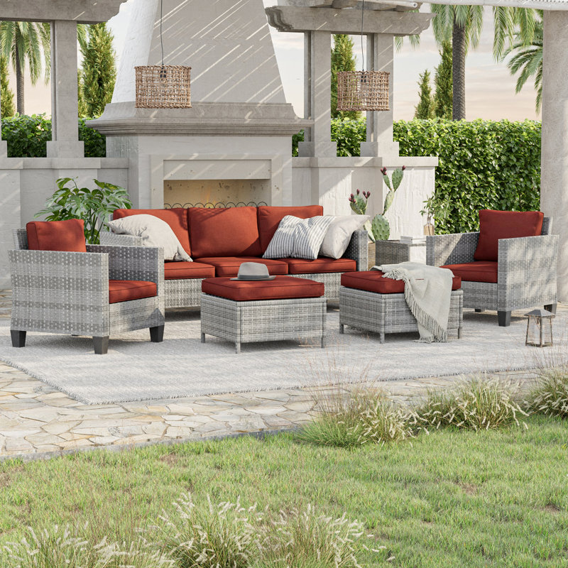 Wicker 5 - Person Patio Conversation Set with Cushions, Gray, Brick Red