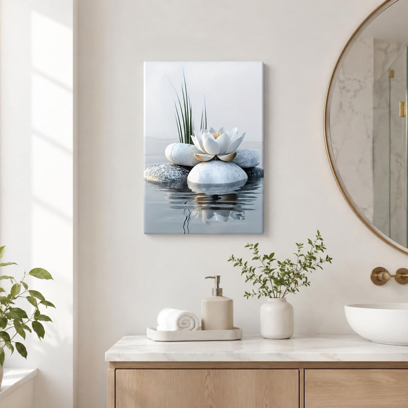 Zen Bathroom Canvas Wall Art Calm Botanical Poster Print Picture White Lotus Meditation Wall Decor for Bathroom Meditation Room Yoga Spa Ready to Hang