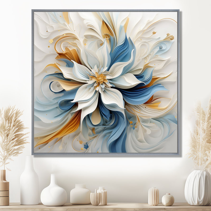 Abstrait fleur de magnolia blanc, bleu ambre - art mural fleurs, 30" H x 30" W, Black Picture Framed