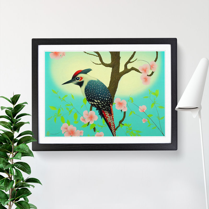 Breathtaking Woodpecker Bird - Single Picture Frame Painting, Black Framed, 25cm H x 34cm W x 2cm D