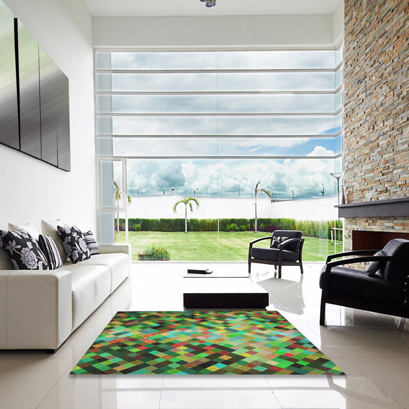 Tapis rouge/vert/noir de zone à motifs, Carré 3 pi