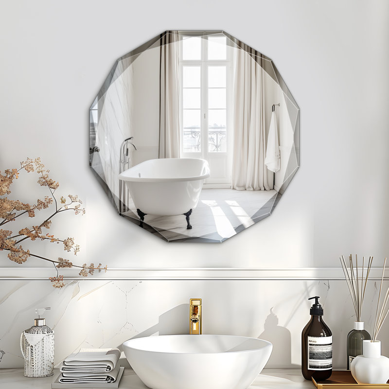 Oval Beveled Frameless Bathroom Vanity Mirror Decorative Wall Accent Mirror, Round, 30" × 30"