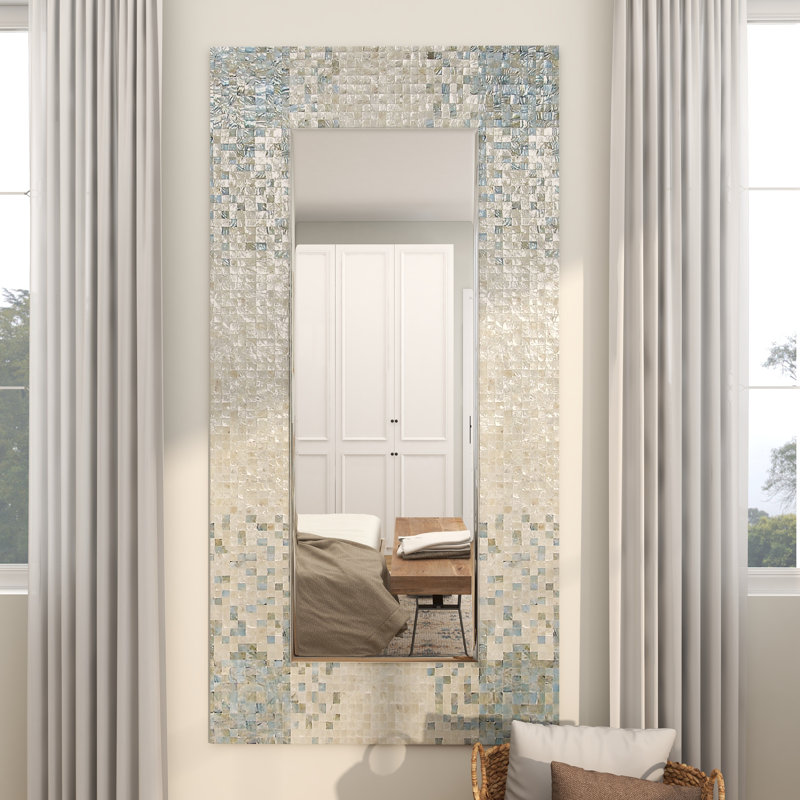 Mother of Pearl Shell Handmade Mosaic Room Wall Mirror with Blue Corners, 70.13"  x 35.5" 