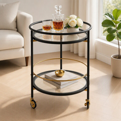 Modern Round Bar Cart with Tempered Glass Shelves and Gold Accents