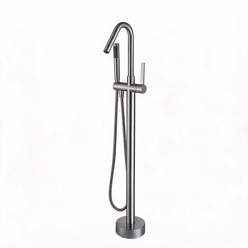 Robinet de baignoire sur pied en métal nickel brossé avec douchette, Nickel brossé