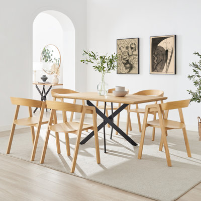 Aminata Veneer & Metal Round Dining Table With Arvey Oak Veneer Chairs - Modern Statement Design