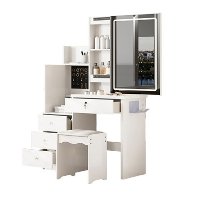 Vanity Desk Set with Sliding Lighted Mirror, Makeup Dressing Table with 4 Drawers & 9 Storage Spaces, Hidden Compartments and Cushioned Stool, White Beauty Furniture for Bedroom
