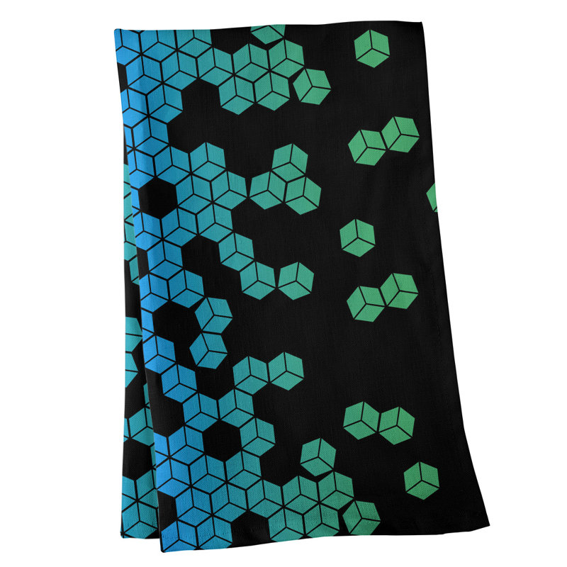 Serviette de thé à motif cube culbuté, Sergé de coton, Aqua / noir