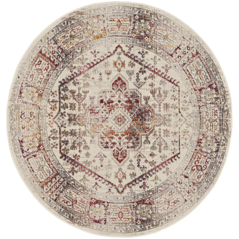 Asuna Kira Oriental Machine Made Polypropylene Area Rug in Ivory/Red/Gray, Round 4'