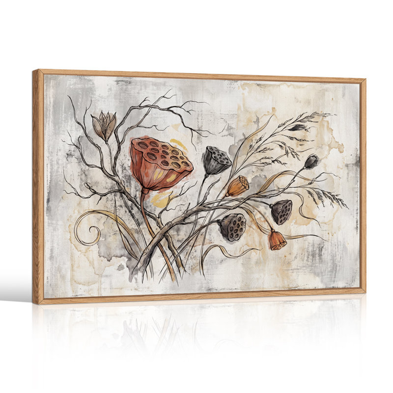 Aquarelle sur toile, cosses de lotus séchées, H 36 po x l 48 po