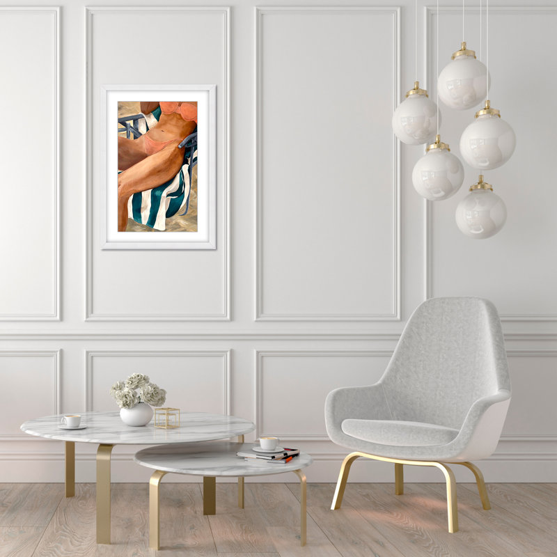 Coastal Retreat Riviera Retreat: Woman Lounging On Beach Towel And Chair, 48" H x 32" W x 1.125" D, Framed Matted Print