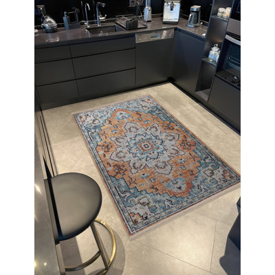 Tapis décoratif rétro à motif bleu et orange