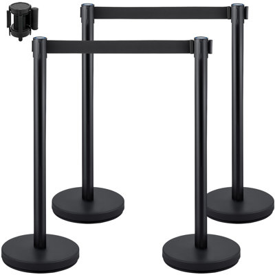 Crowd Control Stanchion, Set Of 4 Pieces Stanchion Set, Stanchion Set With 6.6 Ft/2 M Black Retractable Belt, Black Crowd Control Barrier With Concret