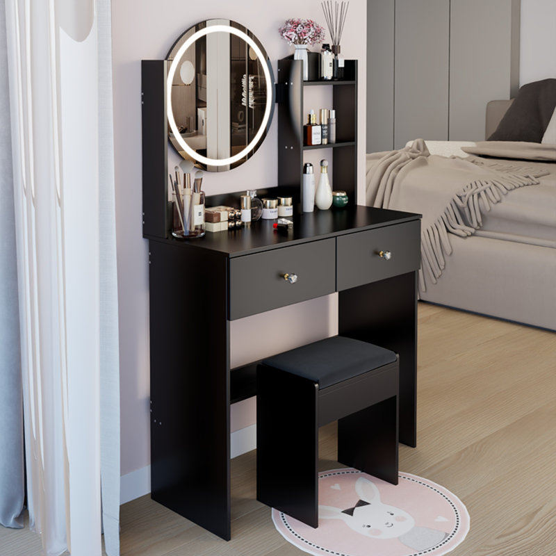 Round LED Mirror Vanity Table + Soft Cushion Stool Set, Large Mirror, Touch Switch, 3 colors, Adjustable Brightness, Large Desktop