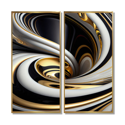 Gold Black And White Stained Glass - Abstract Spirals Framed Prints, Gold Abstract Canvas Wall Art 2 Piece