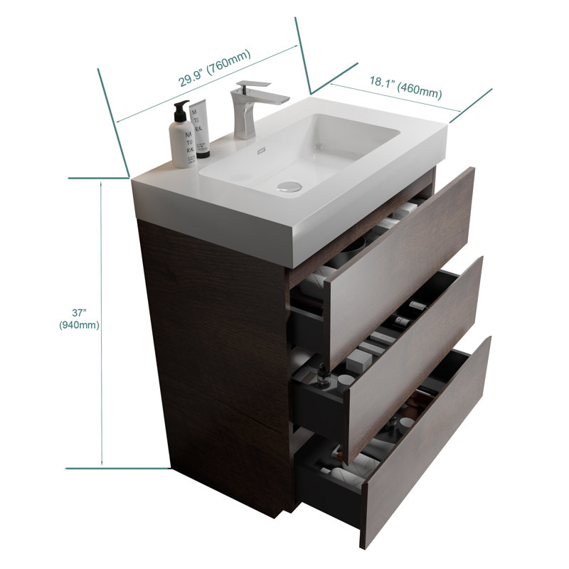 Meuble-lavabo autoportant en noyer avec lavabo, Blanc