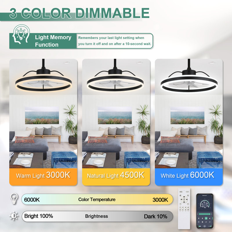 Ventilateurs de plafond intelligents de 24 pouces avec lumières et contrôle de l'application, ventilateur de plafond moderne à 6 vitesses à intensité variable pour chambre à coucher