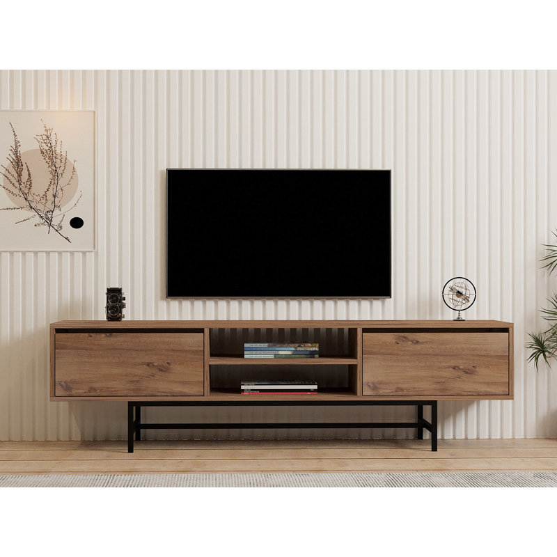 Meuble télé moderne de couleur pin atlantique 70,9 po x 19,7 po x 15,7 po | 100% panneau de particules enduit de mélamine, épaisseur: 0,7 pouce | Comprend une tablette du milieu (22,7 po de largeur) et 4,8 po de hauteur | Élégant et fonctionnel pour le salon
