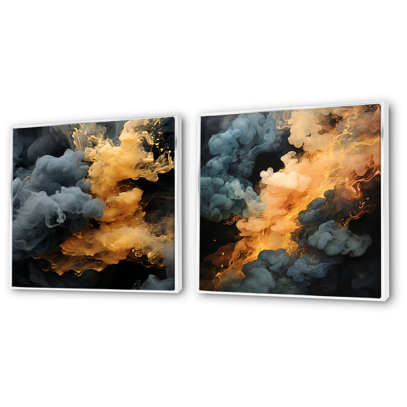 Ensemble de 2 reproductions d'art sur toile abstraites gris et orange, Cadre flottant blanc, H 30 po x l 61 po x P 1 po