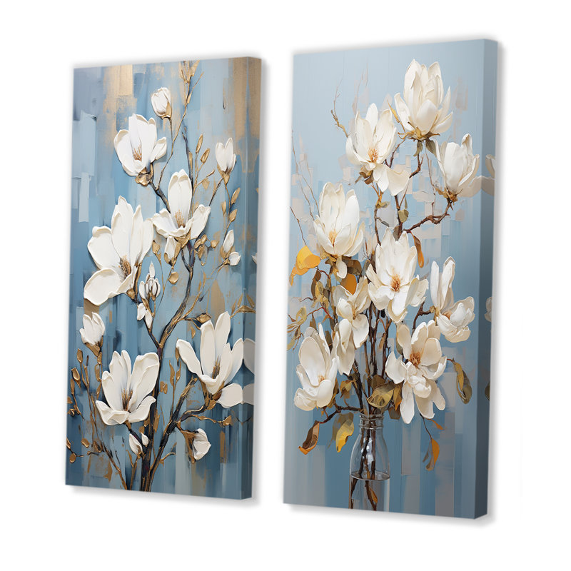 «White and Blue Magnolias Melody - Magnolias», ensemble de 2 reproductions d'art mural, Toile tendue, H 28 po x l 25 po