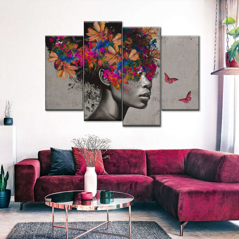 Portrait d'une femme flottant sur une toile de fond afro 4 pièces, H 48 po x l 75 po 