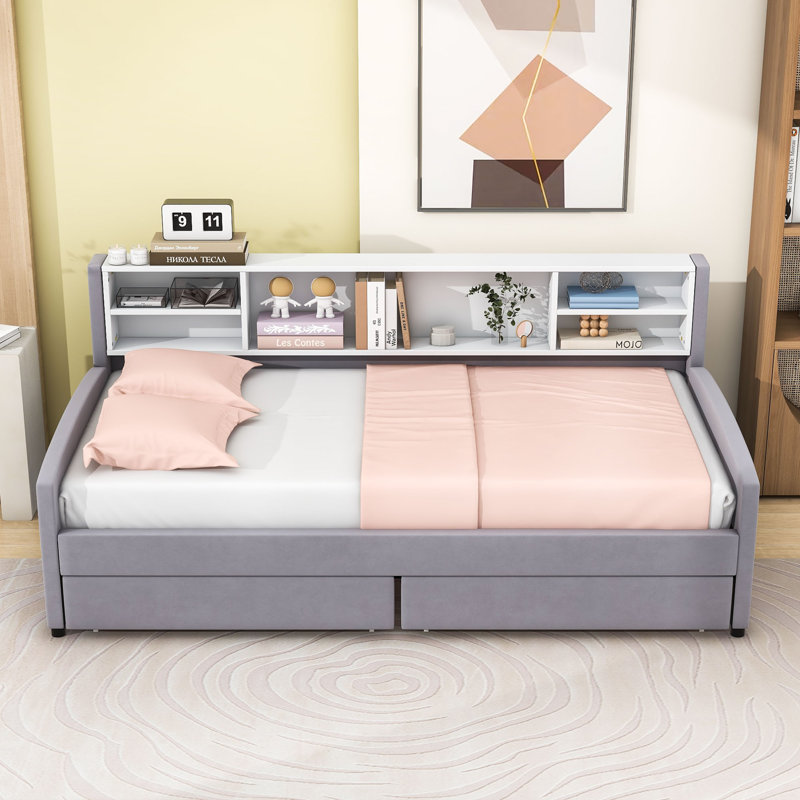 Twin Two Drawers Wood Upholstered Daybed with Storage Shelves, Gray