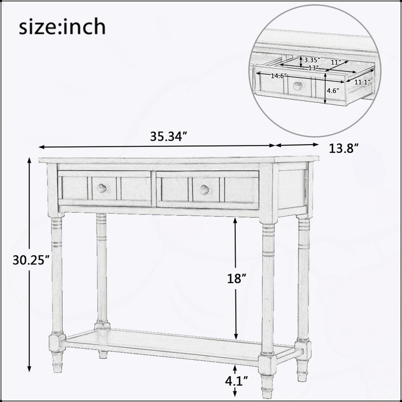 Console de style traditionnel Daisy avec deux tiroirs et une tablette inférieure, parfaite pour un rangement et une présentation polyvalents