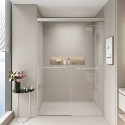 Double porte de douche coulissante, 44 - 48 po X P 72 po, verre trempé de 1/4 po et 6 mm de hauteur, collision lisse et réversible, réversible, finition nickel brossé, grande largeur de salle de bain réglable, coins de collision,