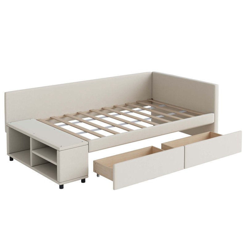 Lit plateforme simple tapissier en forme de L avec rangement et tiroirs, Beige