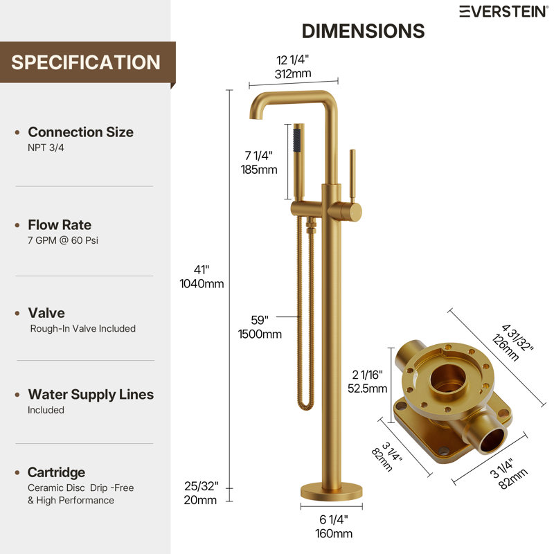 Single Handle Freestanding Tub Filler with Diverter, Brushed Gold