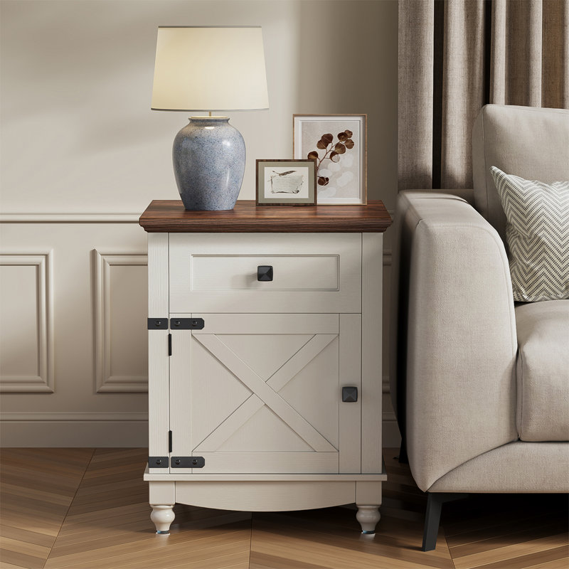 Farmhouse End Table, Side Table, Nightstand With Adjustable Shelf And Drawer