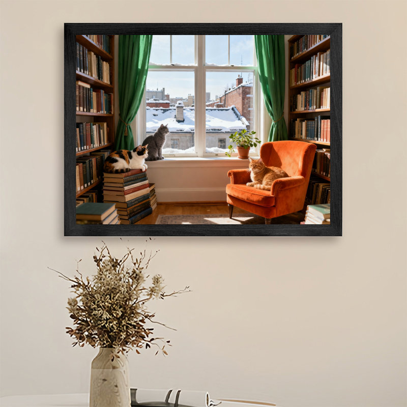 Reproduction d'art encadrée noire, "Les chats dans la bibliothèque ensoleillée", H 25 po x l 37 po