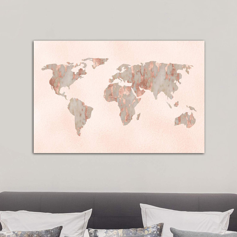 «World Map Rose Gold», reproduction sur toile flottante, H 26 po x l 40 po x 1,5 po, Toile tendue