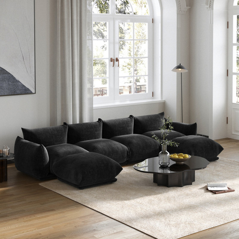 Canapé modulaire rembourré en tissu et chenille 4 places Minarik, Chenille gris anthracite