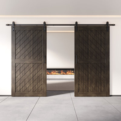 Homacer ebony unassembled & finished slanted stripe design two barn door with non-bypass installation hardware kit, interior use only