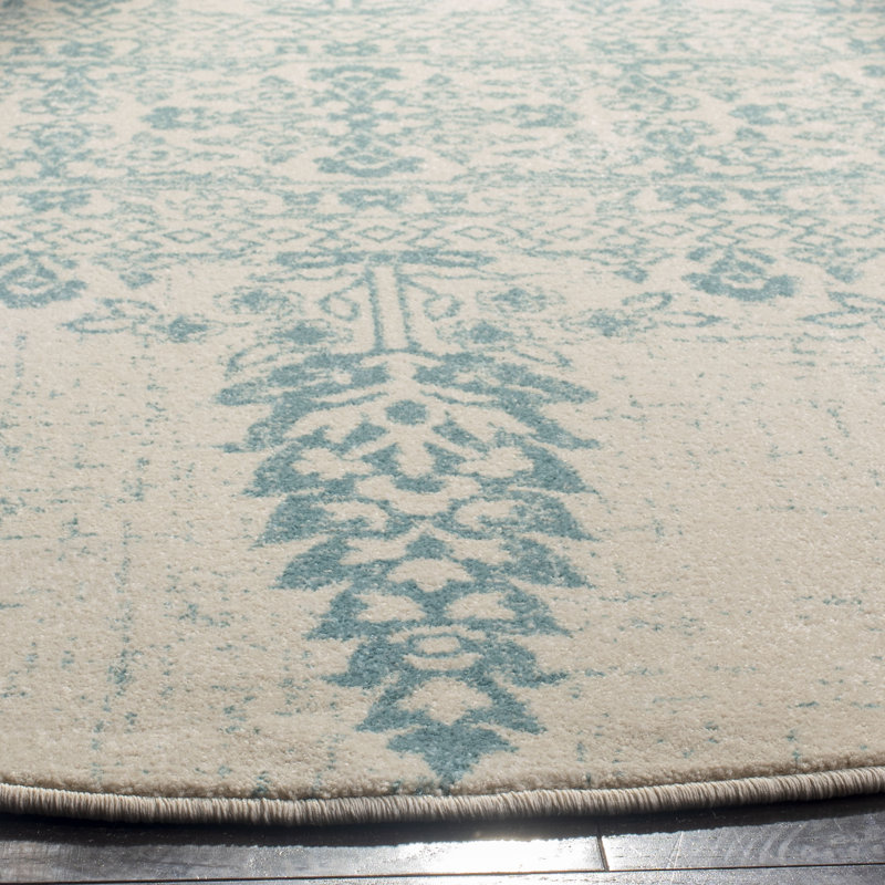 Annette Damask Ivory/Teal Area Rug, Round 6'7"
