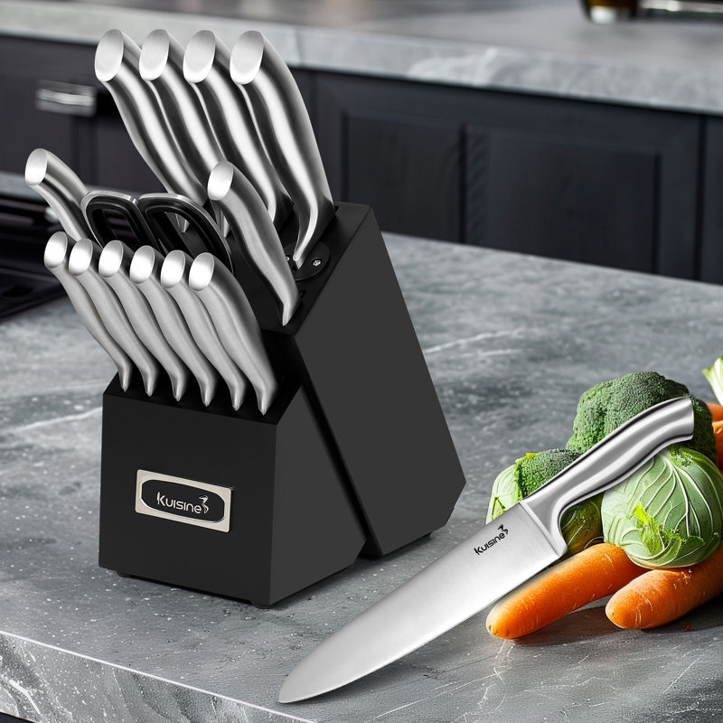 Ensemble de couteaux en acier inoxydable 15 pièces avec bloc d'affûtage intégré, ensemble de couteaux à poignée creuse, couteau de chef professionnel, couteaux de cuisine et ciseaux K Kitchen