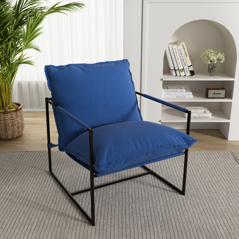 Upholstered Modern Metal Framed Blue Polyester Blend Sling Accent Chair, Blue Polyester Blend/Fabric