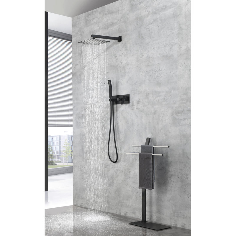 Brass Matte Black Shower System - 10 Inch Rainfall Head With Handheld , Luxury Bathroom Mixer