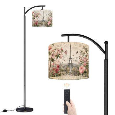 Lampe sur pied à arc avec abat-jour réglable Peinture rose de Paris, fleur rose, tour Eiffel, roses, papillons, lampe sur pied, 3 températures de couleur, intensité variable, grand mât avec interrupteur au pied pour la chambre à coucher