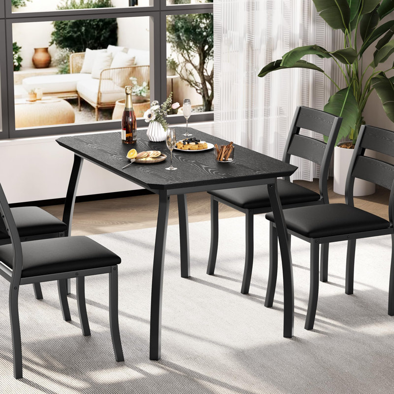 Ensemble de salle à manger 5 pièces pour 4 personnes, table de cuisine carrée avec 4 chaises rembourrées, structure en métal/fer, ensemble moderne gain de place pour petits espaces - Noir