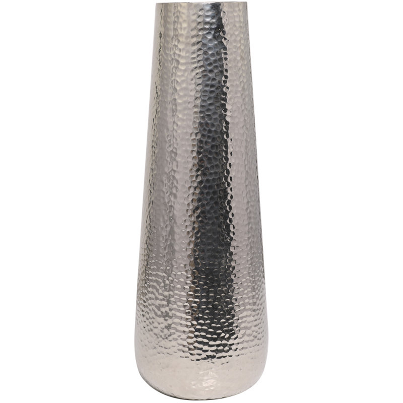 Silver Cedrial Aluminum Metal Tall Hammered Decorative Vase, 24.6" H x 8.8" W x 8.7" D