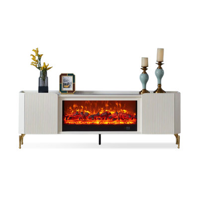 Beige Manufactured Wood TV Cabinet Fireplace