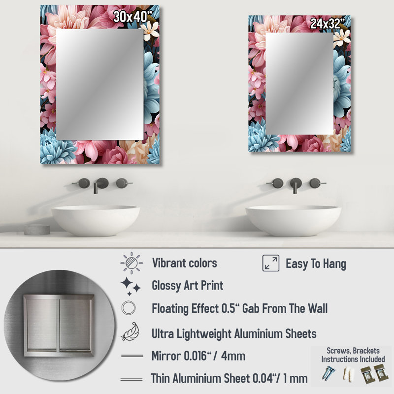 Aranveer bleu et rose pastel pivoines fleurs accent - miroir décoratif floral, miroir mural de chalet, art en métal imprimé